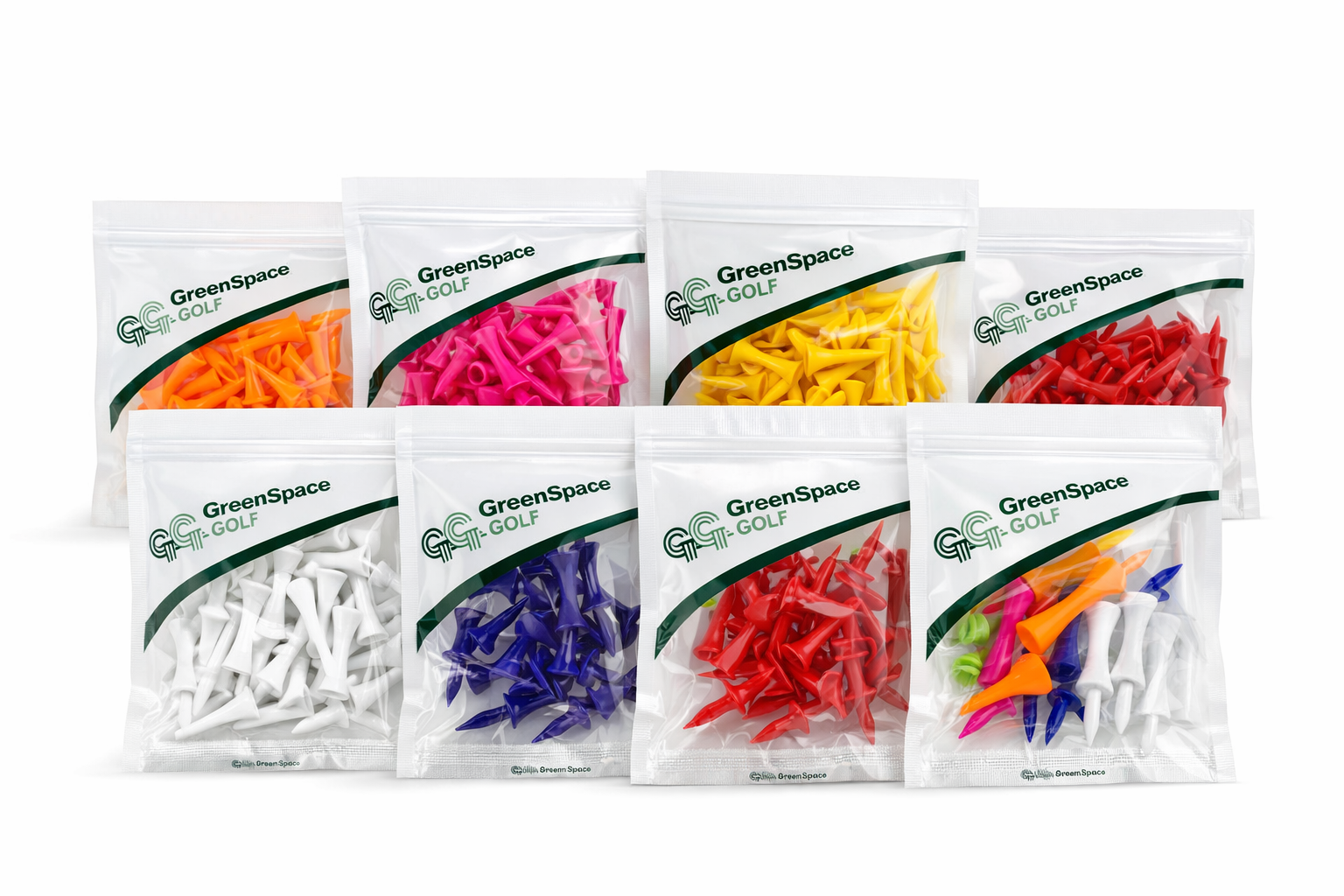 Assorted colored golf tees in packaging with 'GreenSpace' branding on a white background.